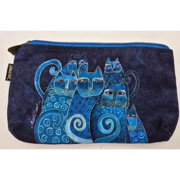 Laurel Burch Cat Design Blue Zipper Pouch Bag 9" X 6" Cotton & Polyester - Picture 1 of 2